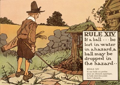Regel XIV: Als een bal verloren gaat in water in een hindernis, mag een bal in de hindernis worden gedropt, uit 